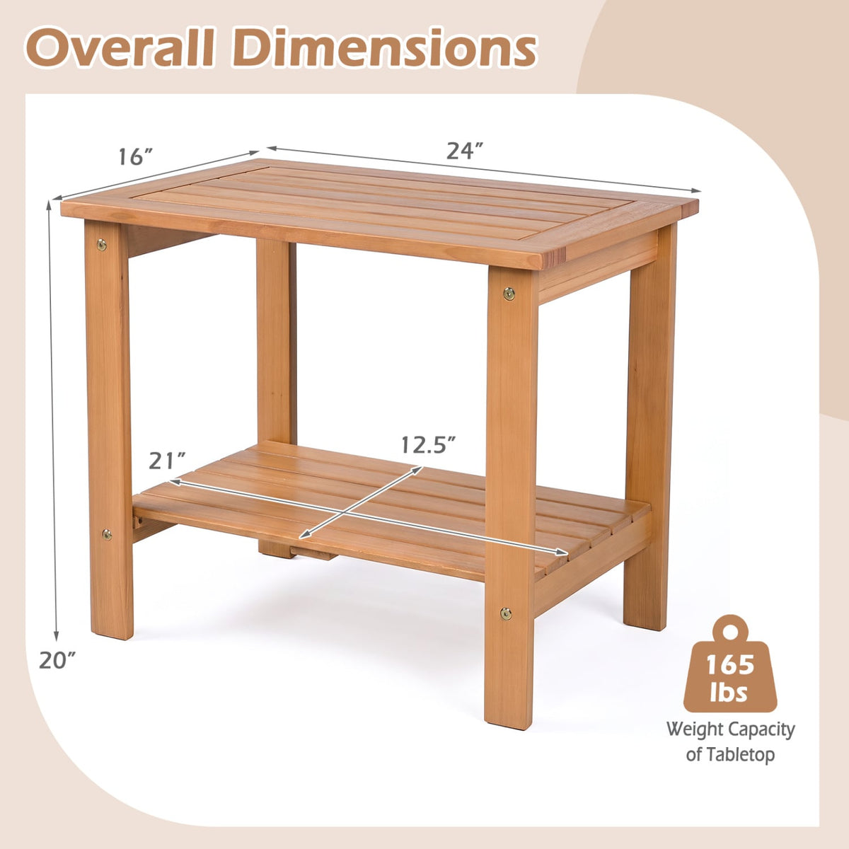 2-Tier Wood Patio End Table with Slatted Tabletop and Storage Shelf for Backyard-Natrual-End & Side Tables-DECOROLALA