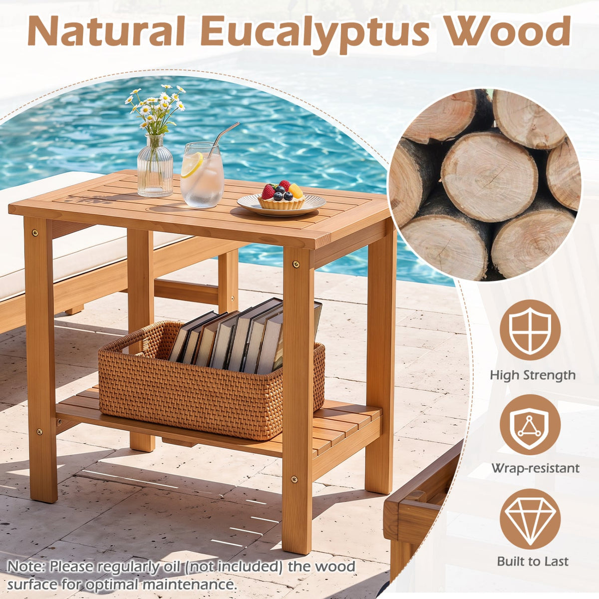 2-Tier Wood Patio End Table with Slatted Tabletop and Storage Shelf for Backyard-Natrual-End & Side Tables-DECOROLALA