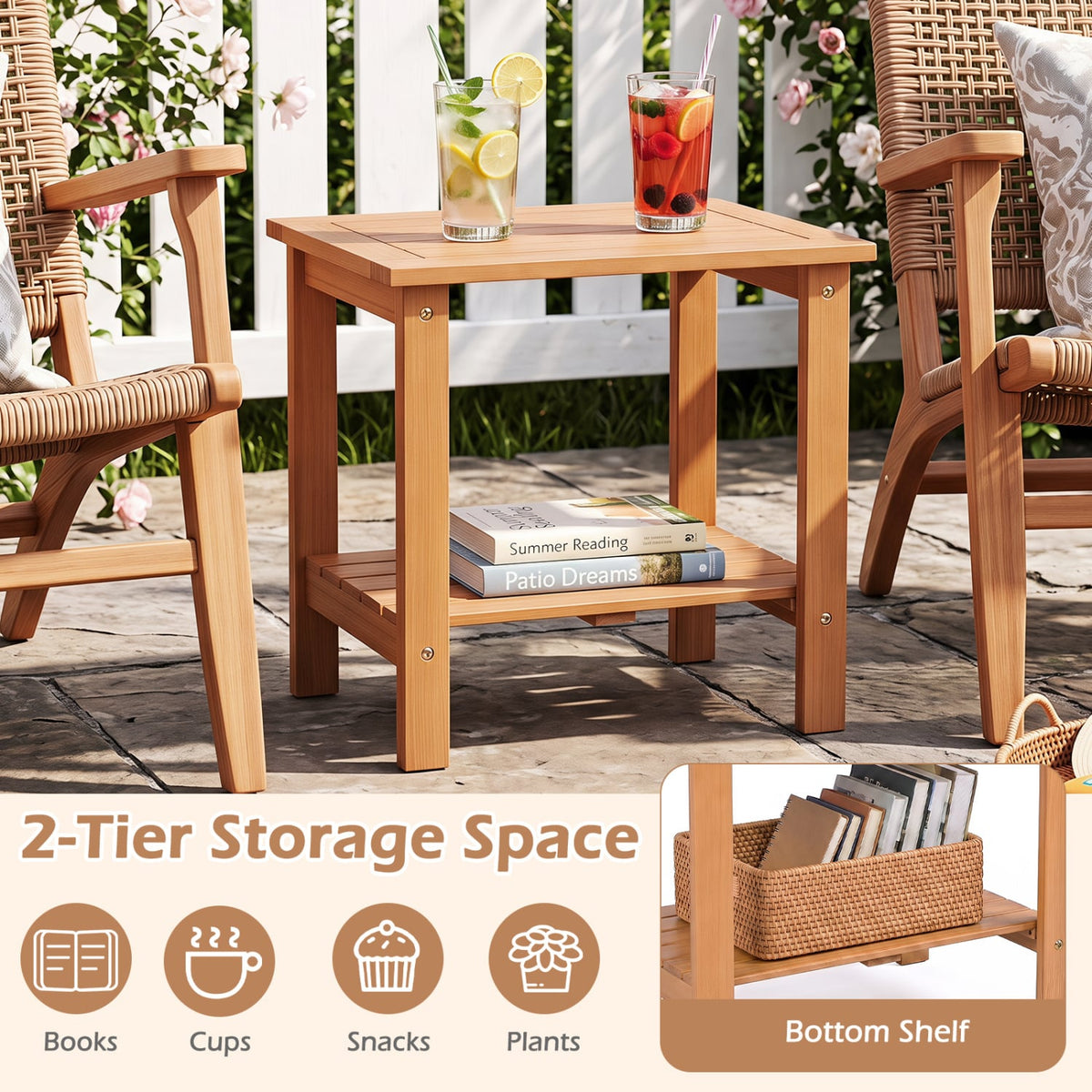2-Tier Wood Patio End Table with Slatted Tabletop and Storage Shelf for Backyard-Natrual-End & Side Tables-DECOROLALA