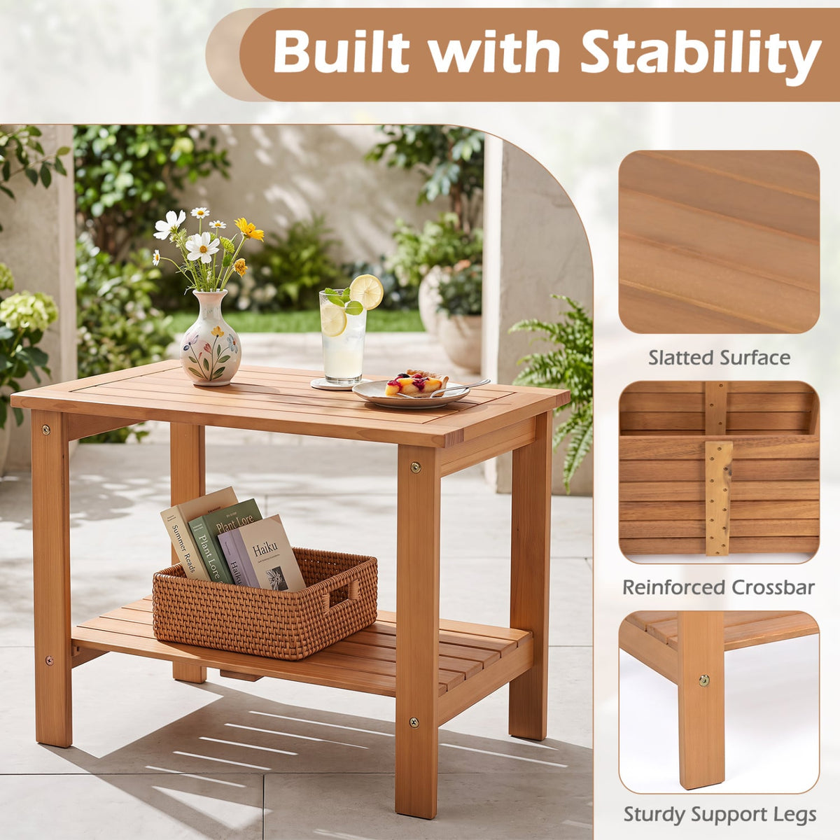 2-Tier Wood Patio End Table with Slatted Tabletop and Storage Shelf for Backyard-Natrual-End & Side Tables-DECOROLALA