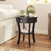 2-Tier Wood Round End Table with Open Drawer-Black-End & Side Tables-DECOROLALA