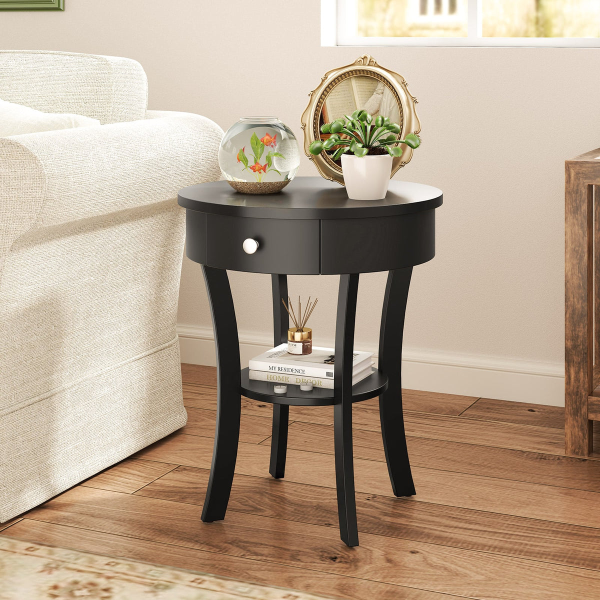 2-Tier Wood Round End Table with Open Drawer-Black-End & Side Tables-DECOROLALA