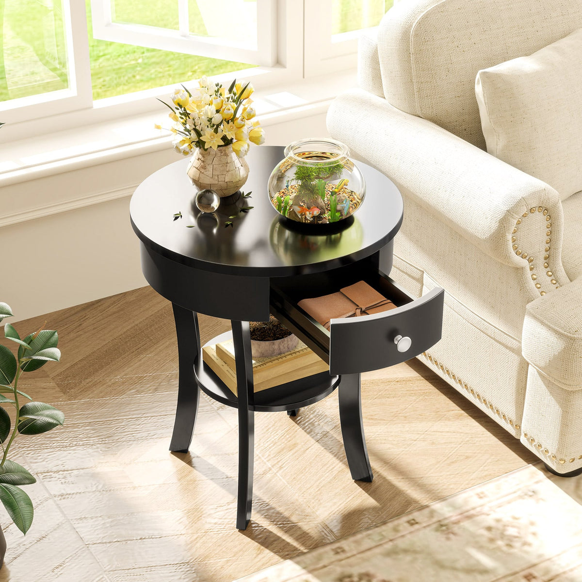 2-Tier Wood Round End Table with Open Drawer-Black-End & Side Tables-DECOROLALA