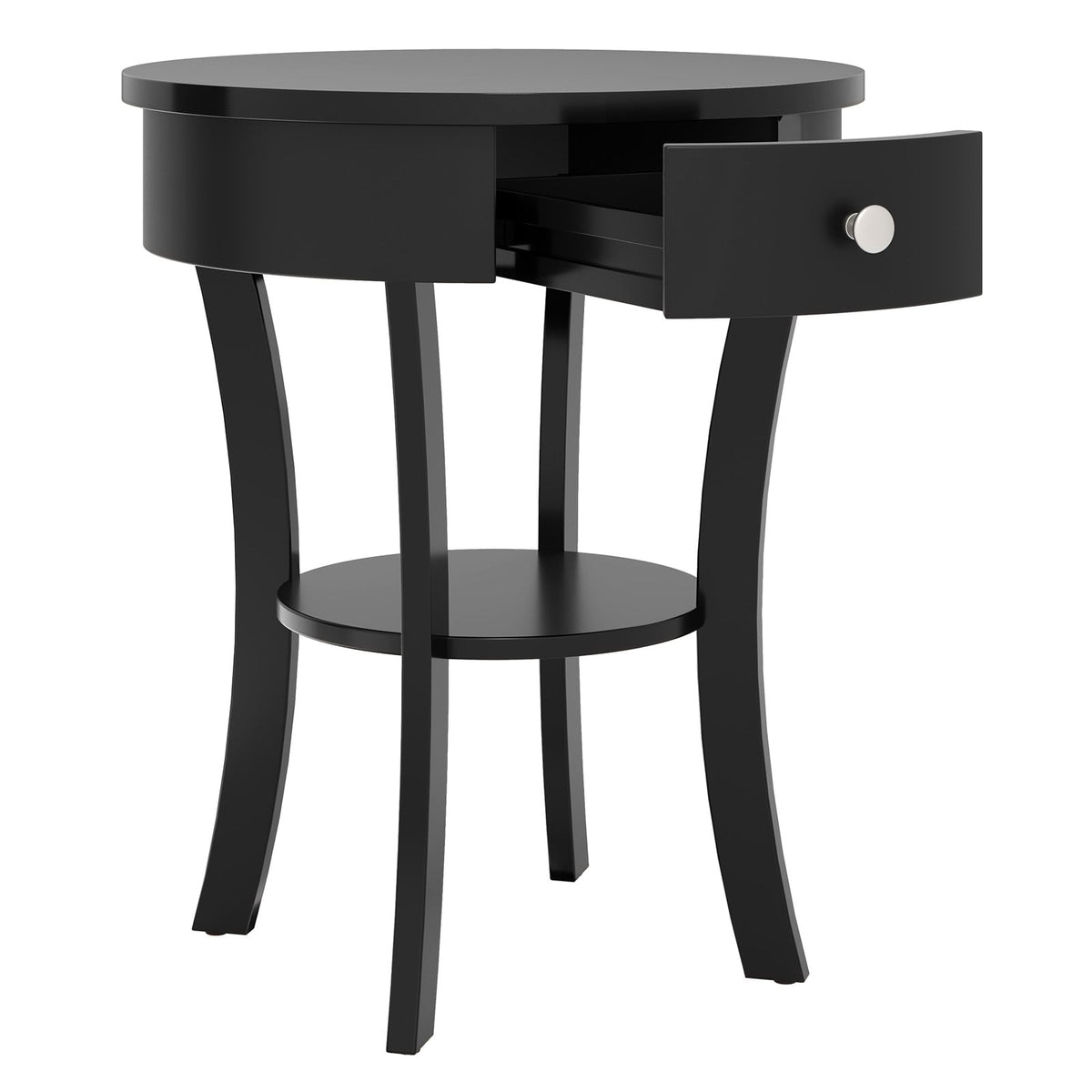2-Tier Wood Round End Table with Open Drawer-Black-End & Side Tables-DECOROLALA
