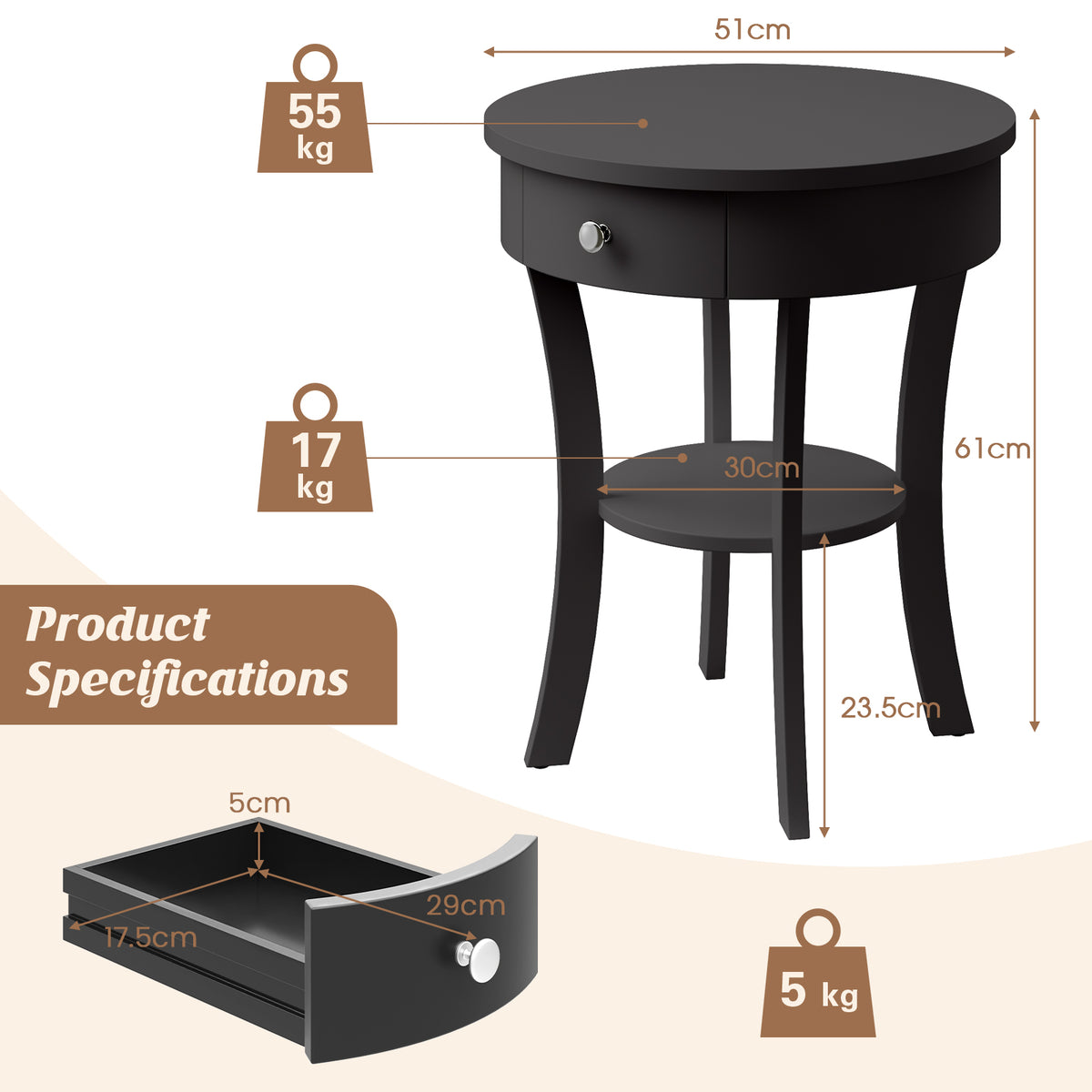 2-Tier Wood Round End Table with Open Drawer-Black-End & Side Tables-DECOROLALA