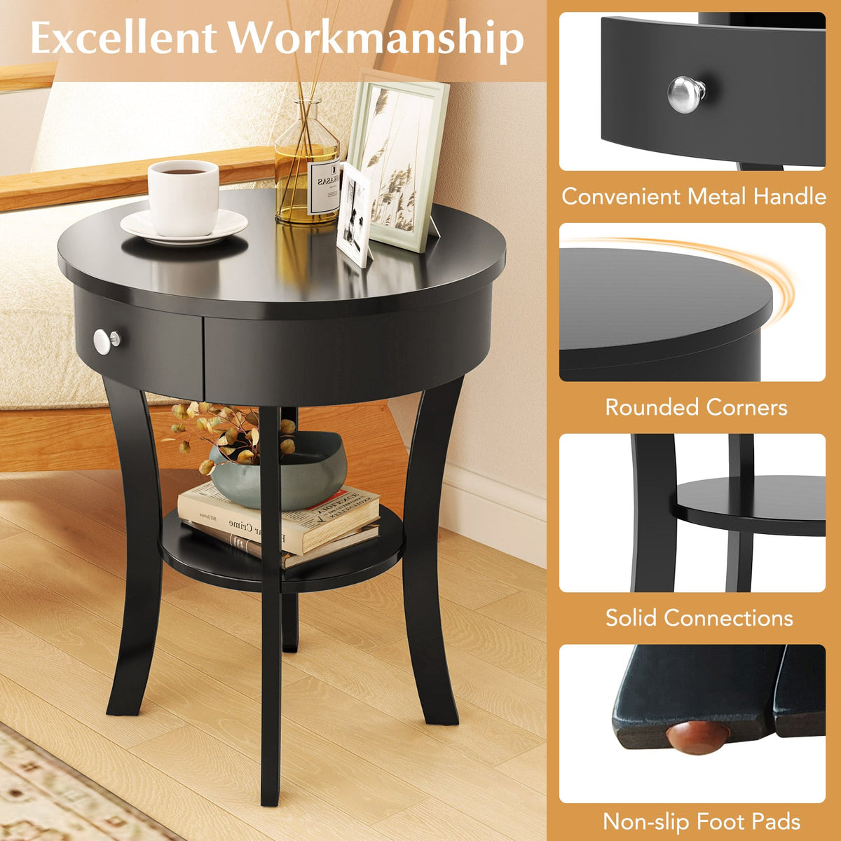 2-Tier Wood Round End Table with Open Drawer-Black-End & Side Tables-DECOROLALA