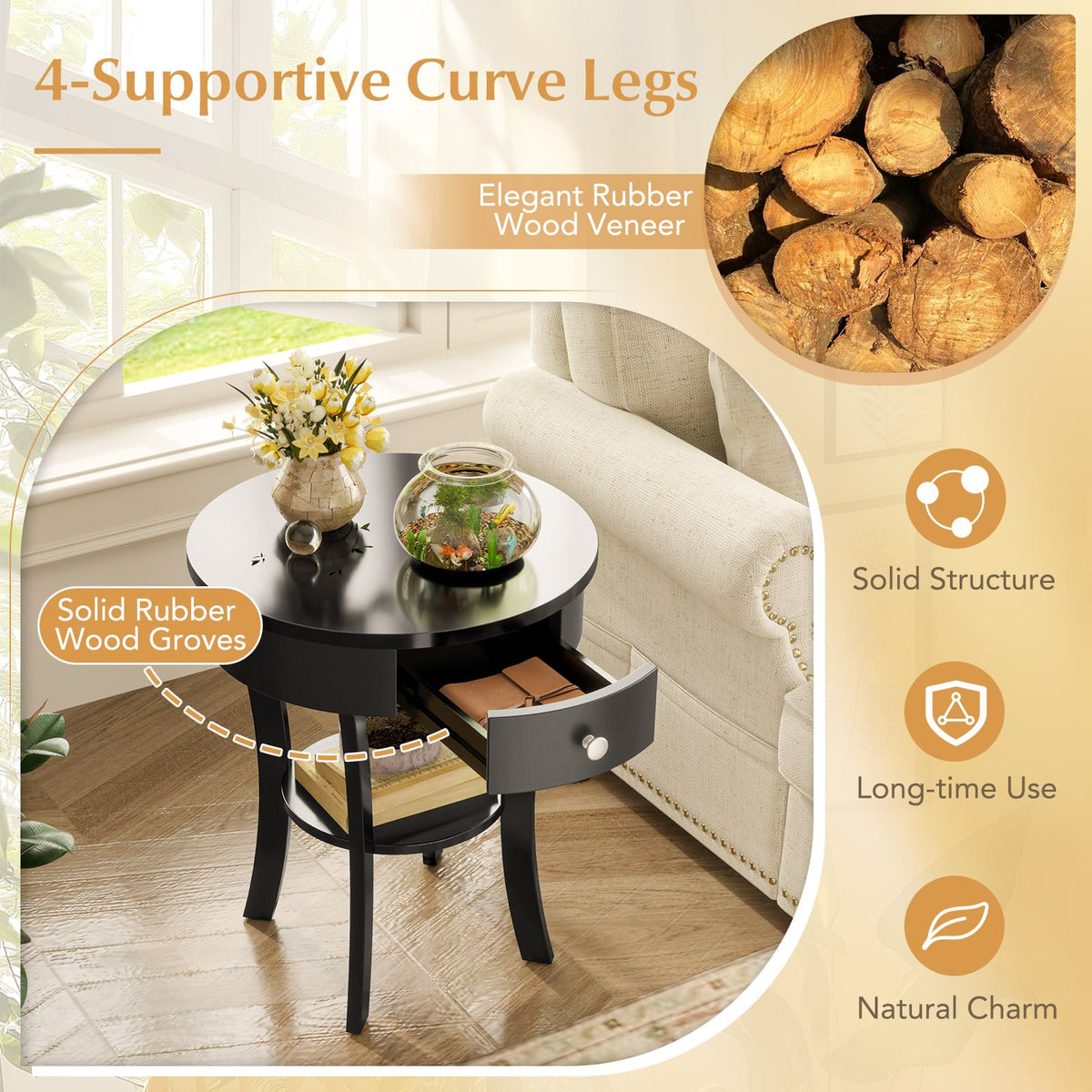 2-Tier Wood Round End Table with Open Drawer-Black-End & Side Tables-DECOROLALA