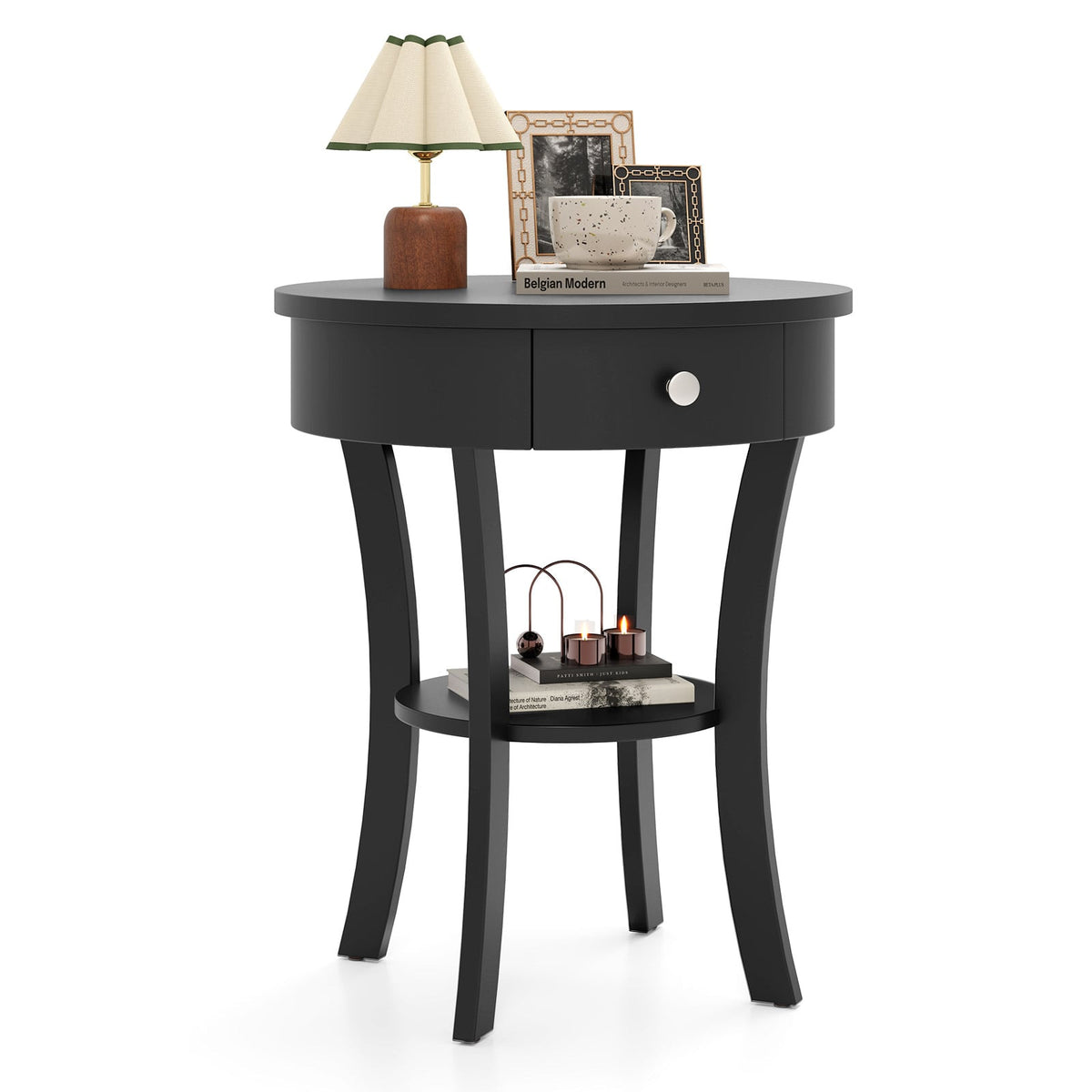 2-Tier Wood Round End Table with Open Drawer-Black-End & Side Tables-DECOROLALA