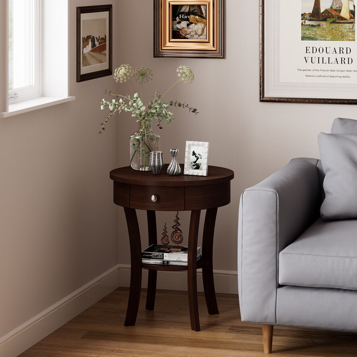 2-Tier Wood Round End Table with Open Drawer-Brown-End & Side Tables-DECOROLALA