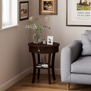 2-Tier Wood Round End Table with Open Drawer-Brown-End & Side Tables-DECOROLALA