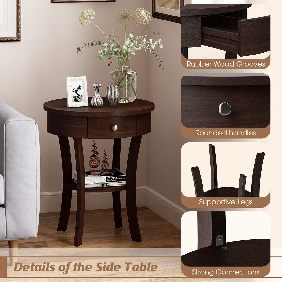 2-Tier Wood Round End Table with Open Drawer-Brown-End & Side Tables-DECOROLALA