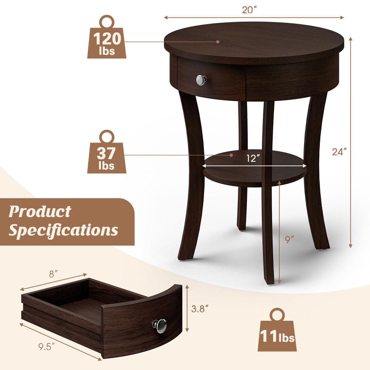 2-Tier Wood Round End Table with Open Drawer-Brown-End & Side Tables-DECOROLALA