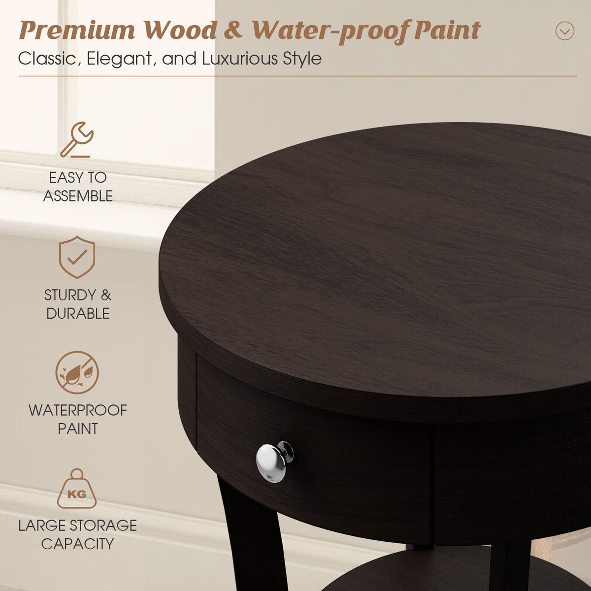 2-Tier Wood Round End Table with Open Drawer-Brown-End & Side Tables-DECOROLALA