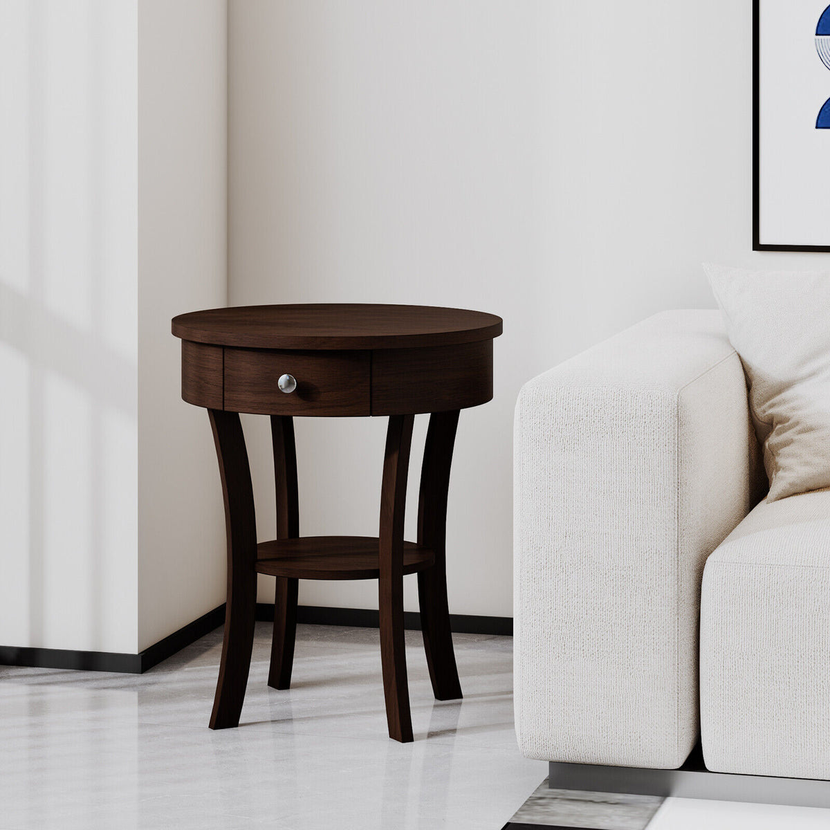 2-Tier Wood Round End Table with Open Drawer-Brown-End & Side Tables-DECOROLALA