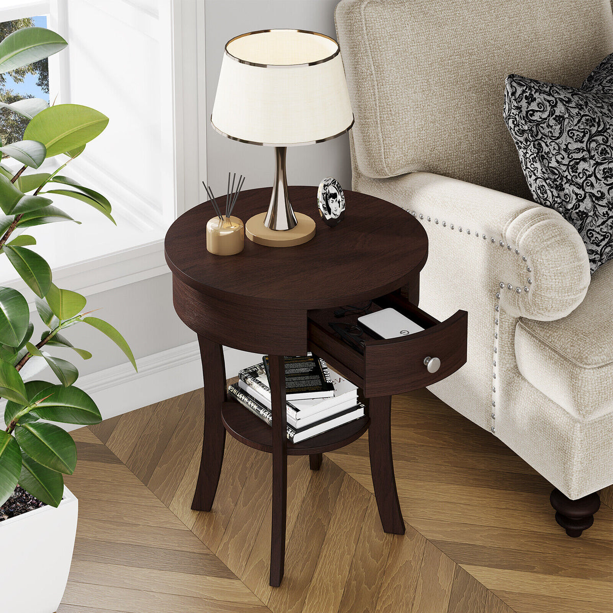 2-Tier Wood Round End Table with Open Drawer-Brown-End & Side Tables-DECOROLALA