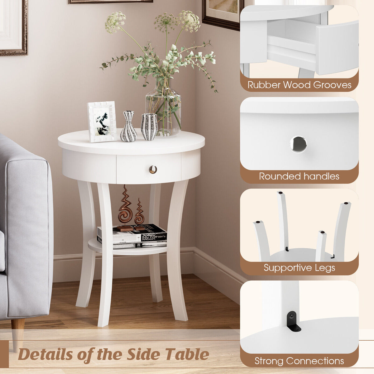 2-Tier Wood Round End Table with Open Drawer-White-End & Side Tables-DECOROLALA