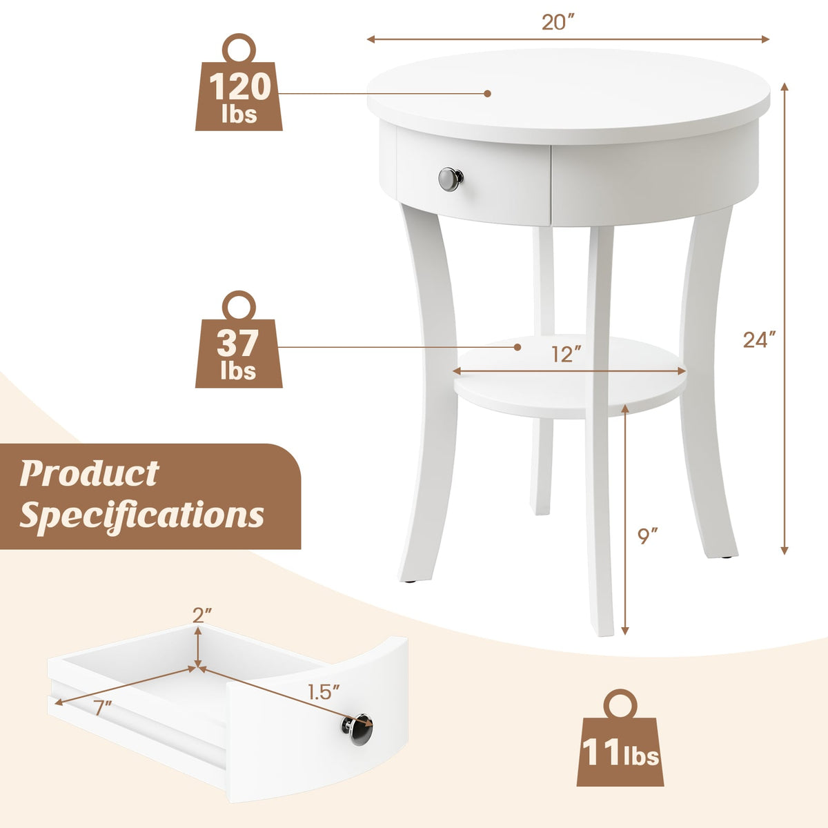 2-Tier Wood Round End Table with Open Drawer-White-End & Side Tables-DECOROLALA