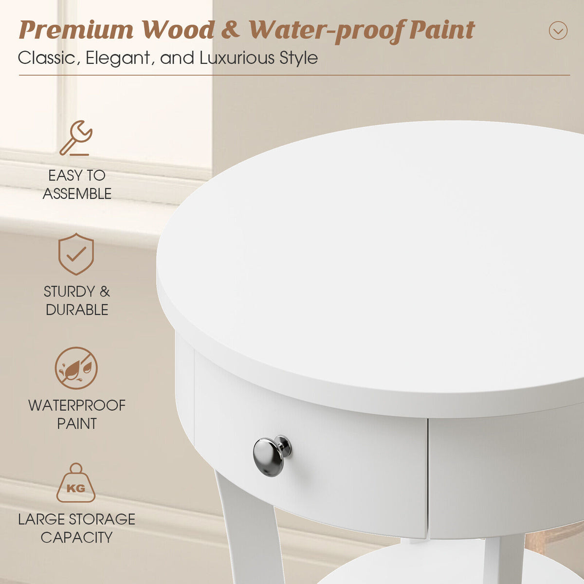 2-Tier Wood Round End Table with Open Drawer-White-End & Side Tables-DECOROLALA