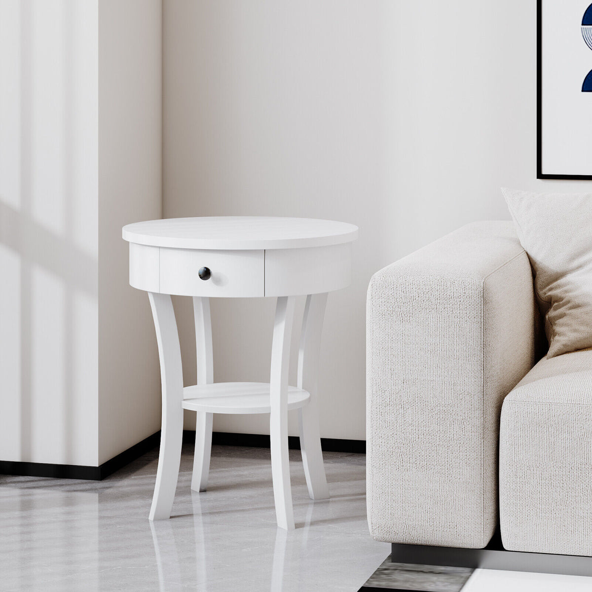 2-Tier Wood Round End Table with Open Drawer-White-End & Side Tables-DECOROLALA