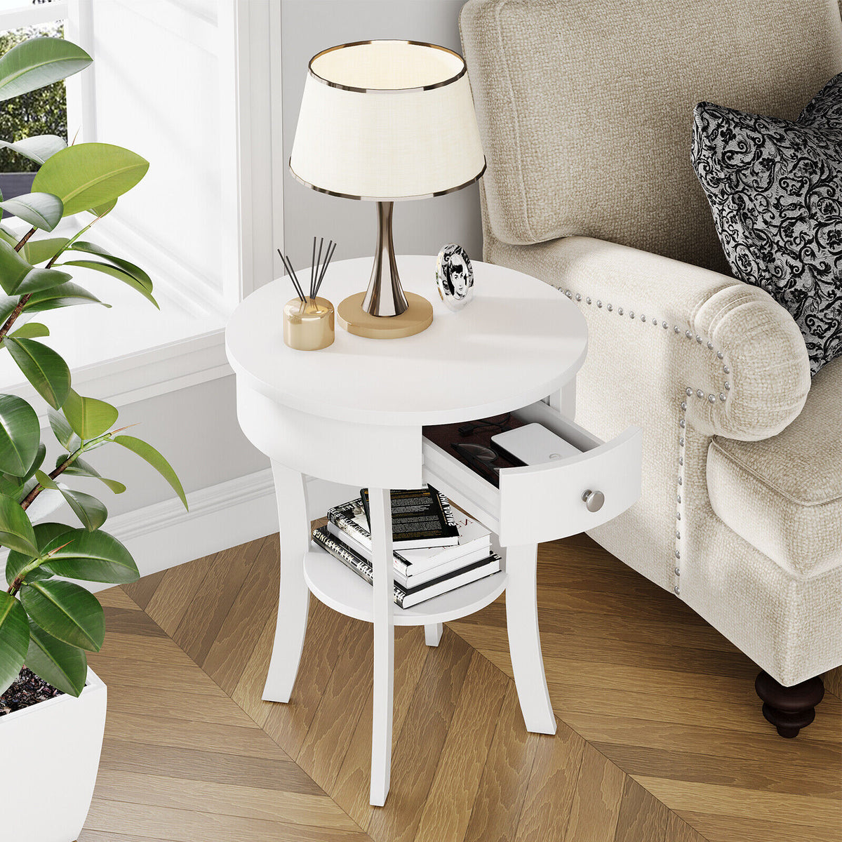 2-Tier Wood Round End Table with Open Drawer-White-End & Side Tables-DECOROLALA