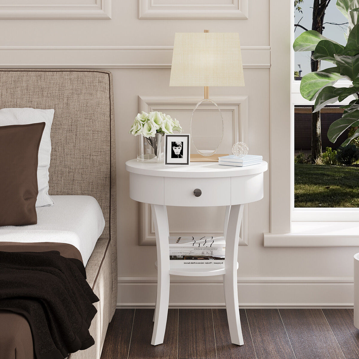 2-Tier Wood Round End Table with Open Drawer-White-End & Side Tables-DECOROLALA