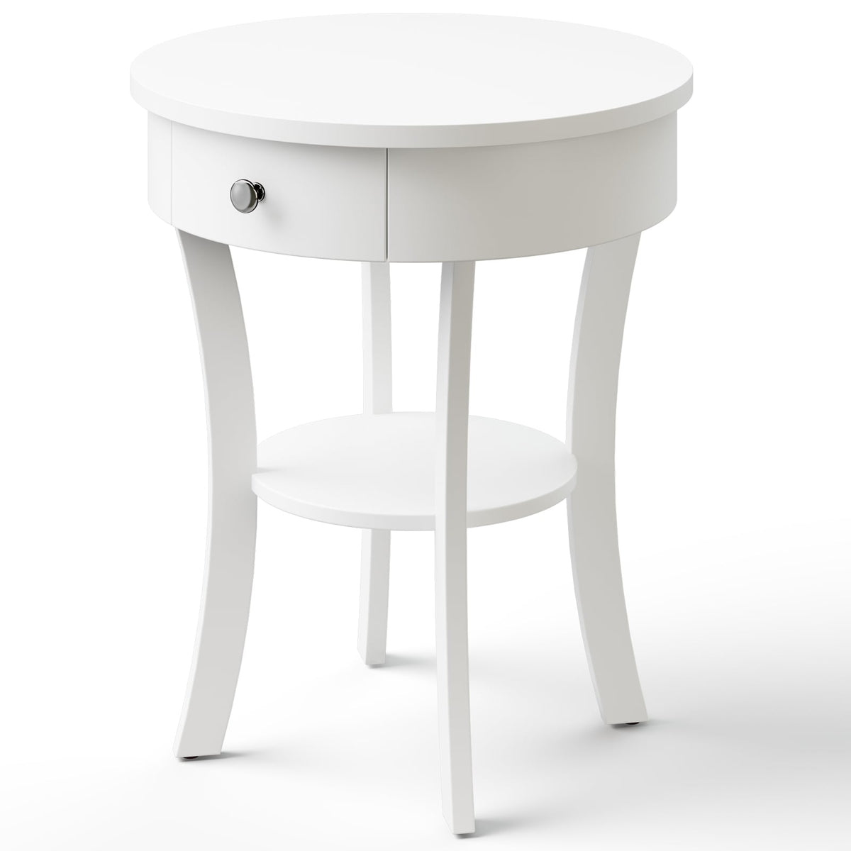 2-Tier Wood Round End Table with Open Drawer-White-End & Side Tables-DECOROLALA