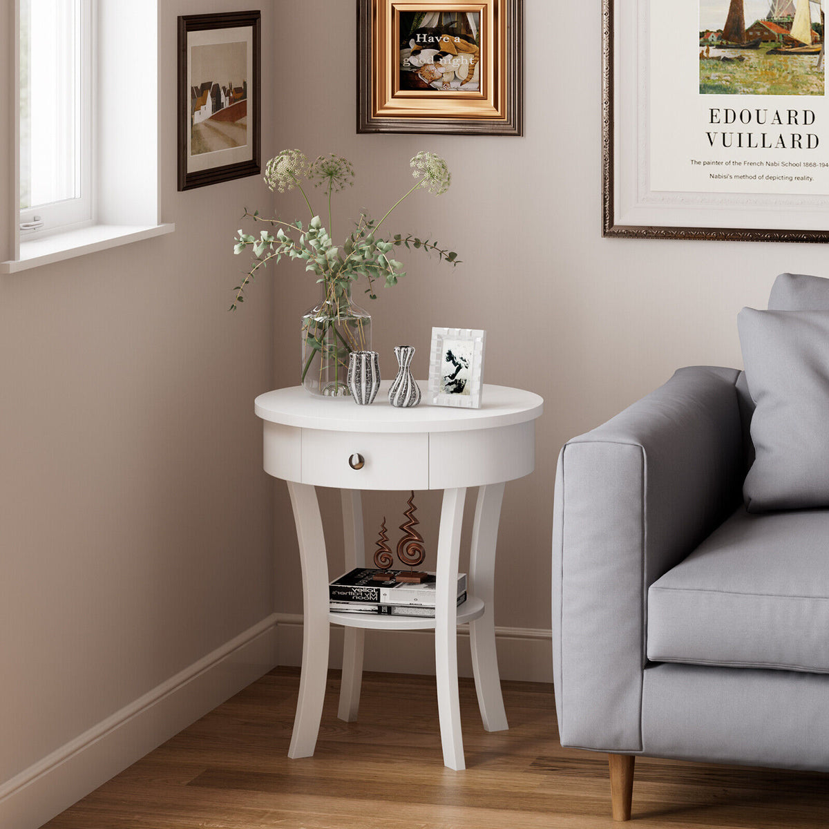 2-Tier Wood Round End Table with Open Drawer-White-End & Side Tables-DECOROLALA