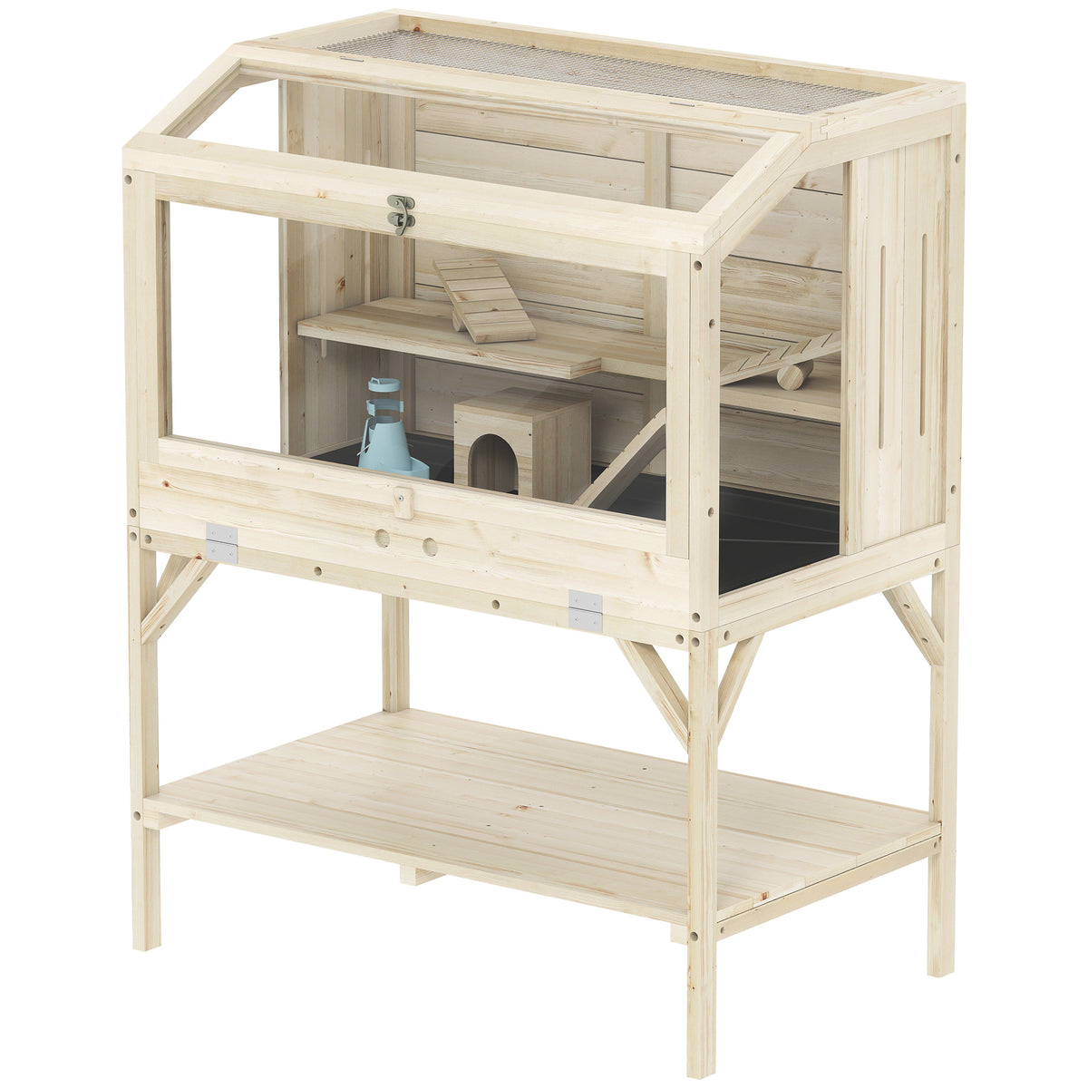 2-Tier Wooden Hamster Cage with Storage Shelf - Natural Fir Wood-Small Animals-DECOROLALA