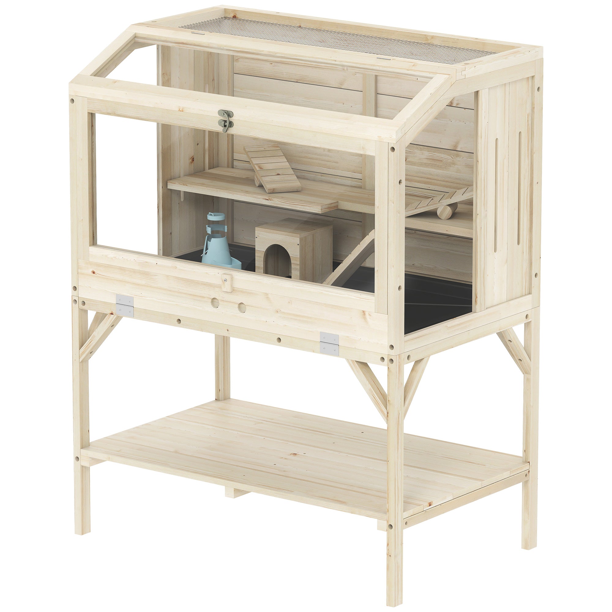 2-Tier Wooden Hamster Cage with Storage Shelf - Natural Fir Wood-Small Animals-DECOROLALA