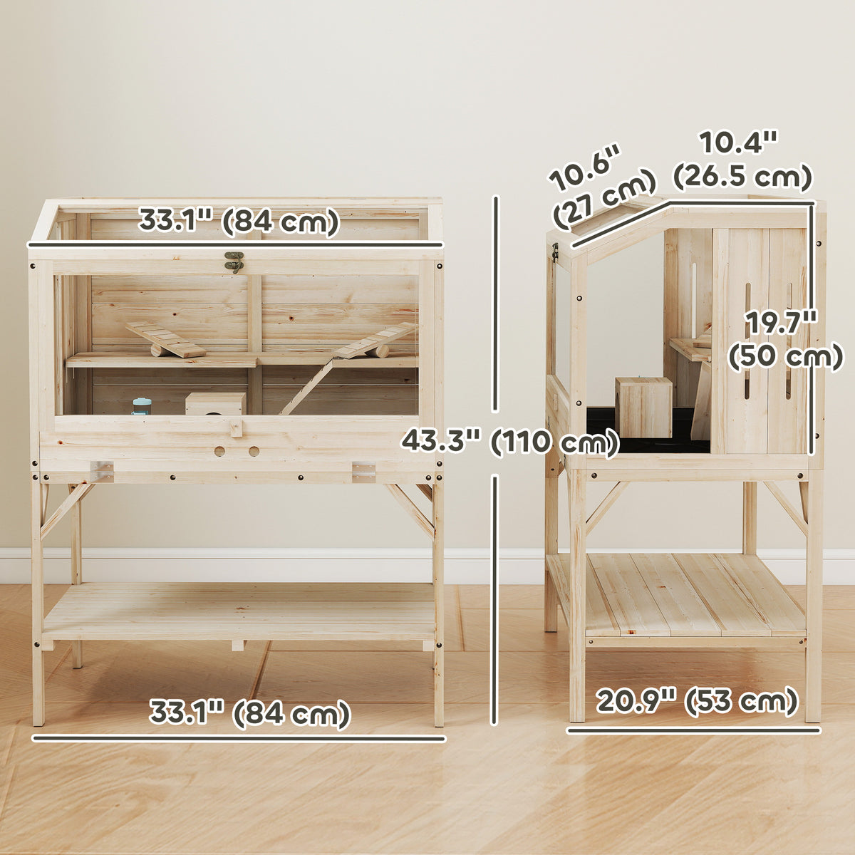 2-Tier Wooden Hamster Cage with Storage Shelf - Natural Fir Wood-Small Animals-DECOROLALA