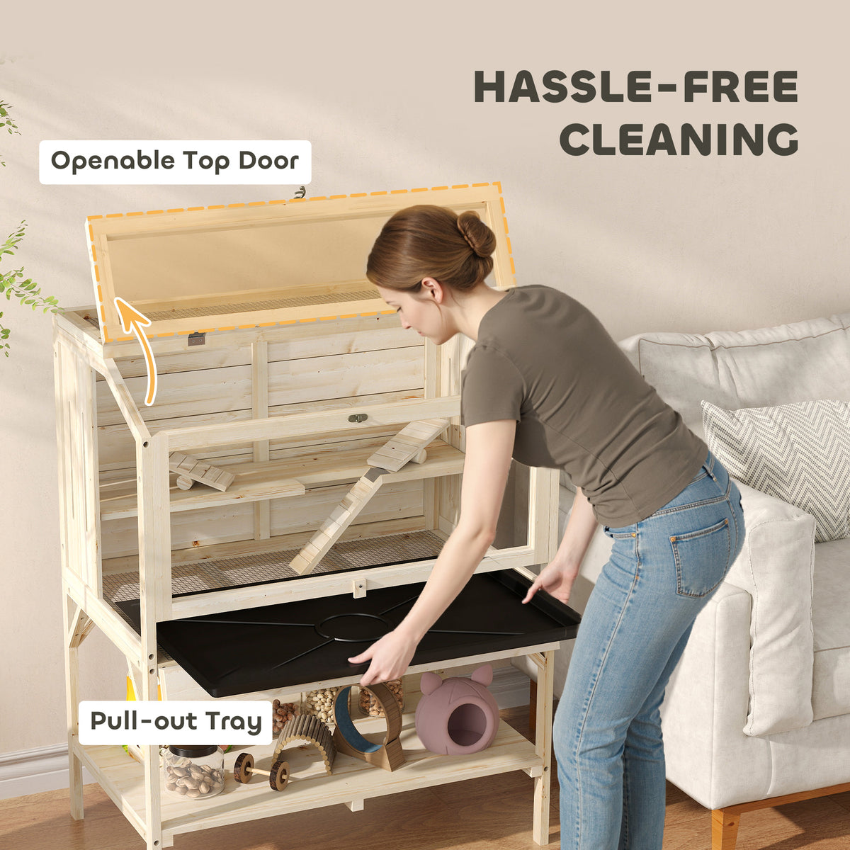 2-Tier Wooden Hamster Cage with Storage Shelf - Natural Fir Wood-Small Animals-DECOROLALA