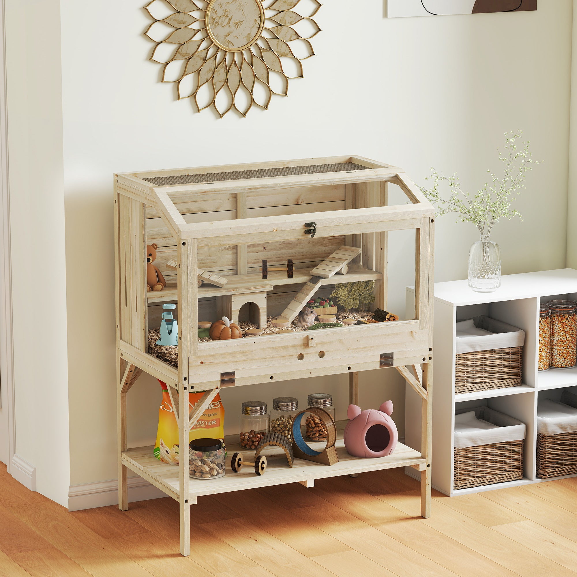 2-Tier Wooden Hamster Cage with Storage Shelf - Natural Fir Wood-Small Animals-DECOROLALA