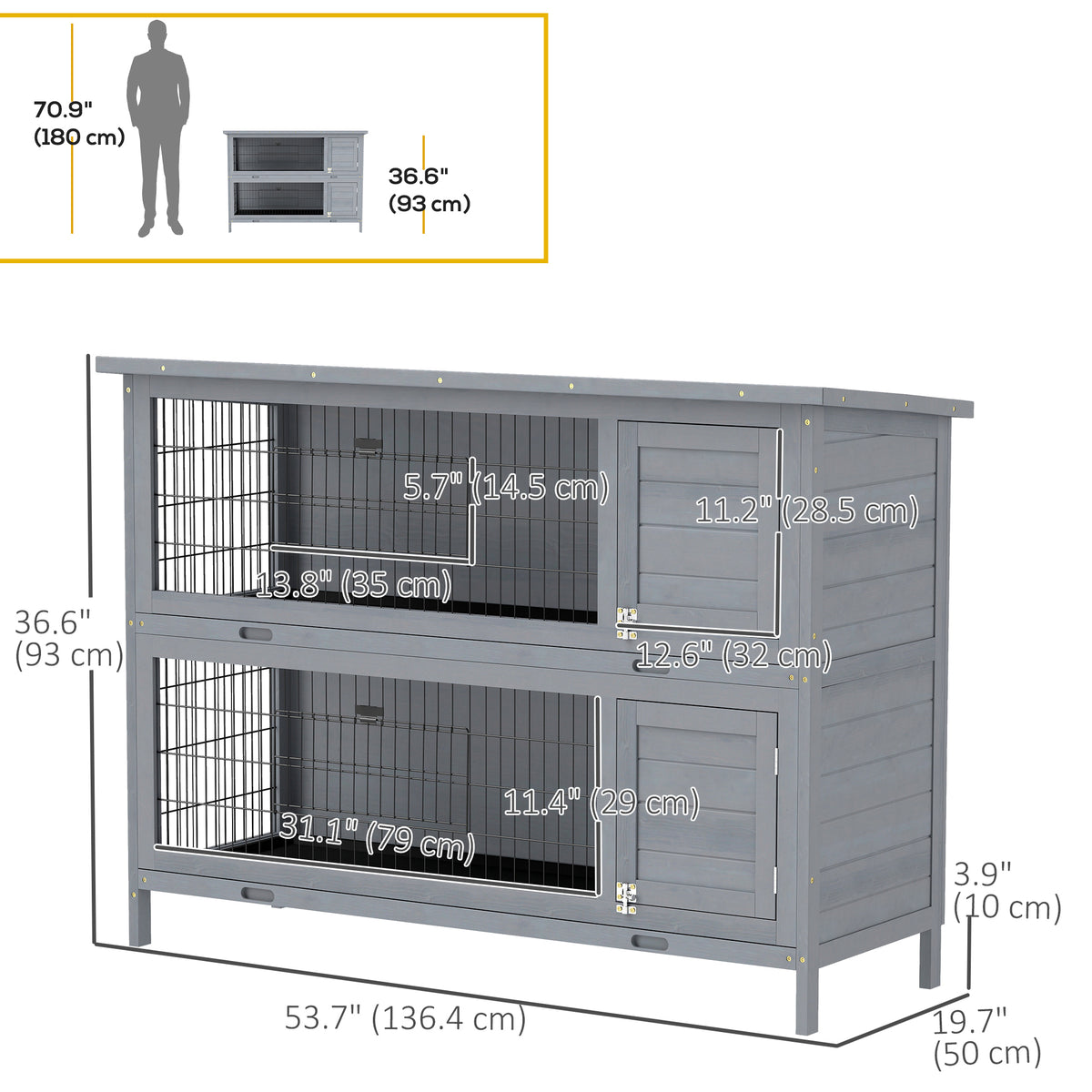 2-Tier Wooden Rabbit Hutch - Grey Fir Wood 54" Bunny House-Small Animals-DECOROLALA