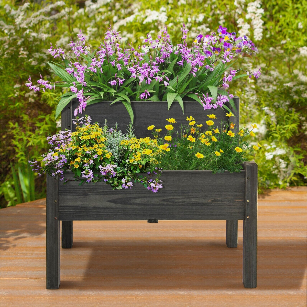 2 Tier Wooden Raised Garden Bed with Legs Drain Holes-Gray-Raised Garden Beds-DECOROLALA