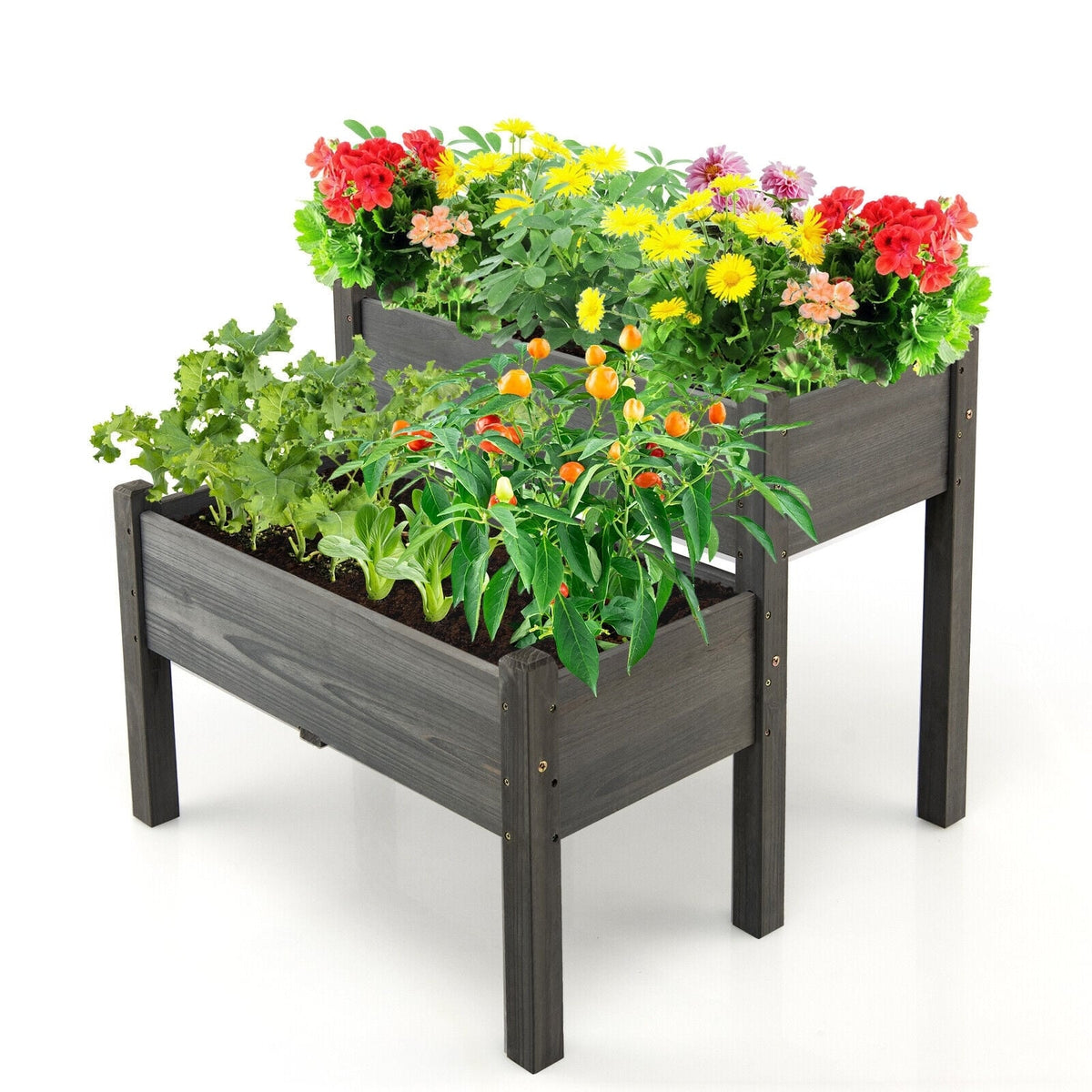 2 Tier Wooden Raised Garden Bed with Legs Drain Holes-Gray-Raised Garden Beds-DECOROLALA