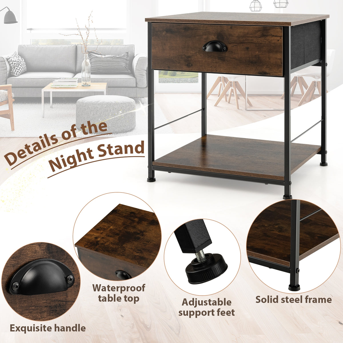 2 Tiers Nightstand with Open Storage Shelf for Living Room Bedroom-1 Piece-Nightstands-DECOROLALA