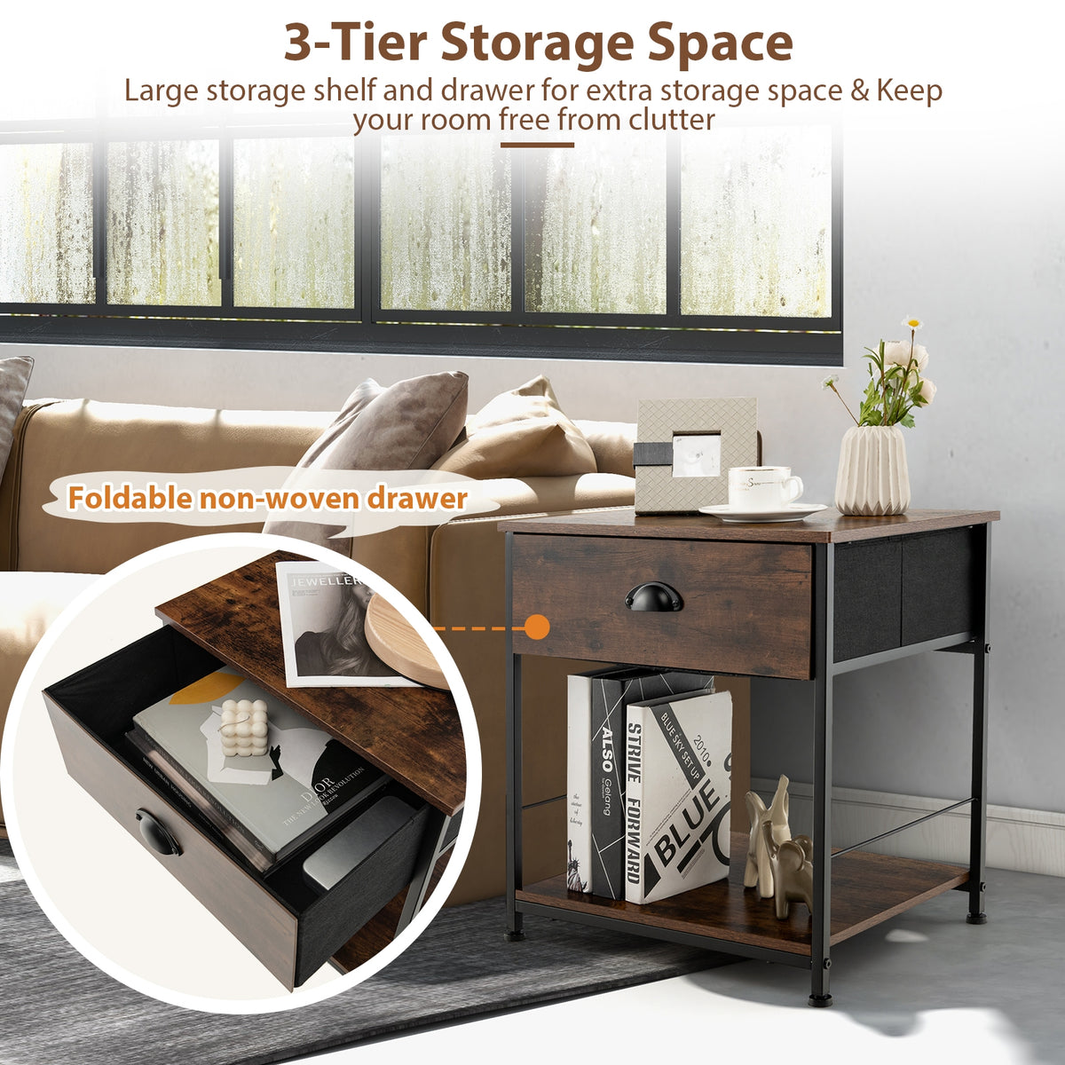 2 Tiers Nightstand with Open Storage Shelf for Living Room Bedroom-2 Pieces-Nightstands-DECOROLALA