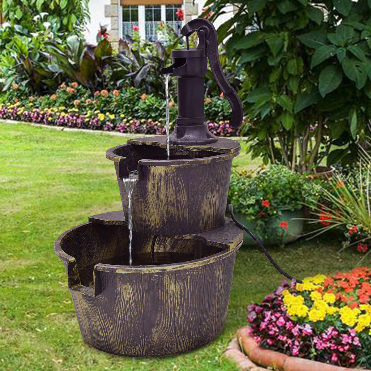 2 Tiers Outdoor Barrel Waterfall Fountain with Pump-Outdoor Water Fountains-DECOROLALA