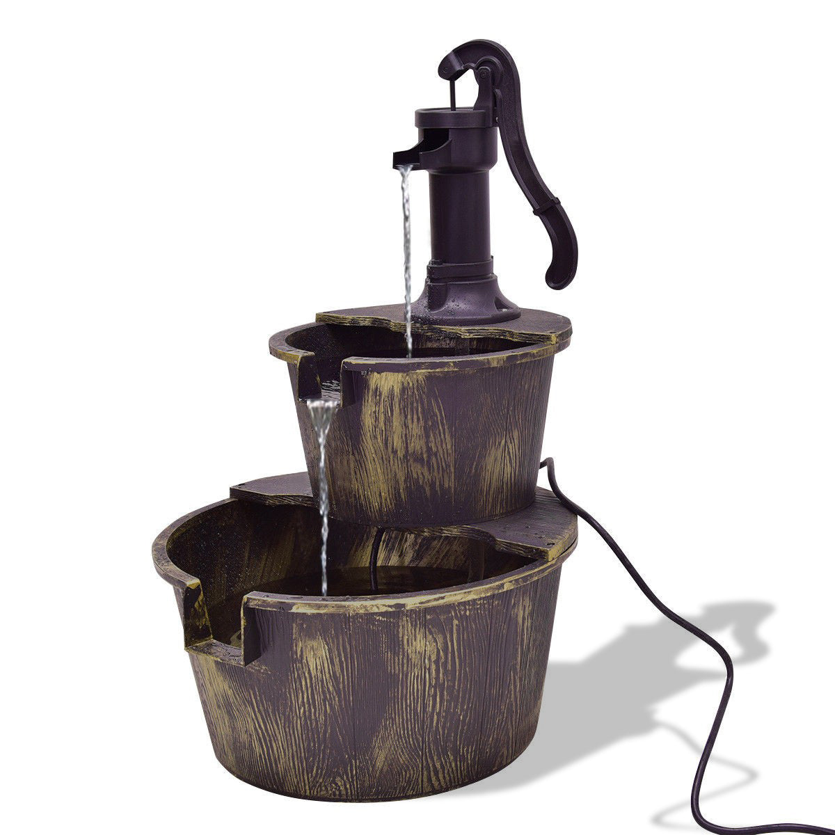 2 Tiers Outdoor Barrel Waterfall Fountain with Pump-Outdoor Water Fountains-DECOROLALA