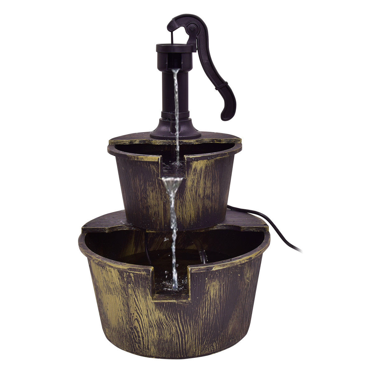 2 Tiers Outdoor Barrel Waterfall Fountain with Pump-Outdoor Water Fountains-DECOROLALA