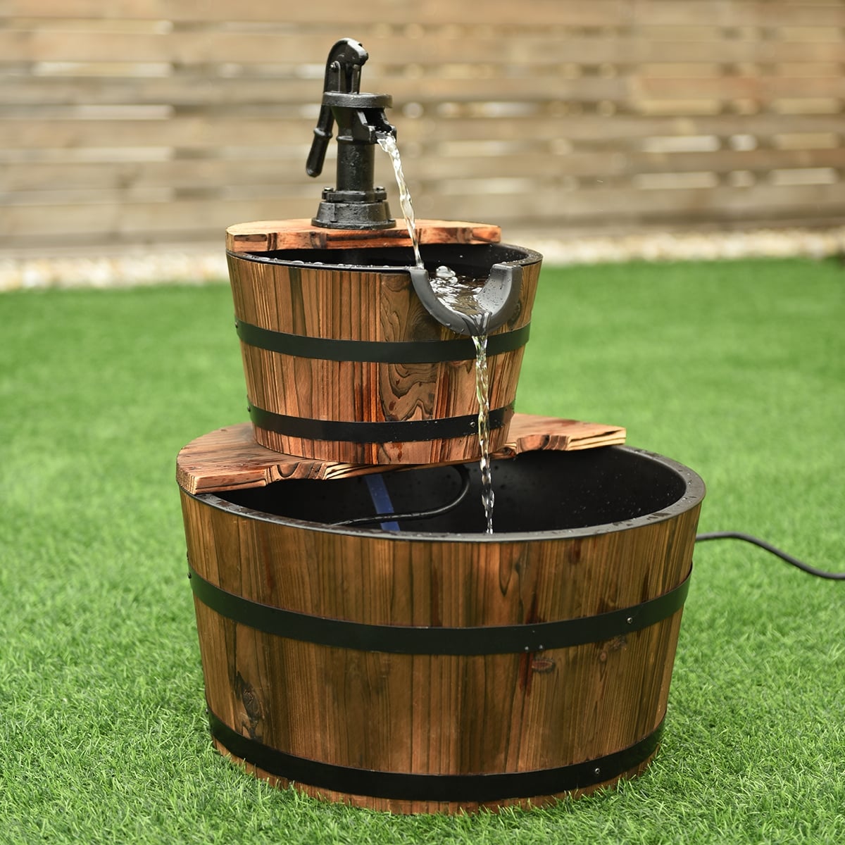 2-Tiers Outdoor Wooden Barrel Waterfall Fountain with Pump-Outdoor Water Fountains-DECOROLALA