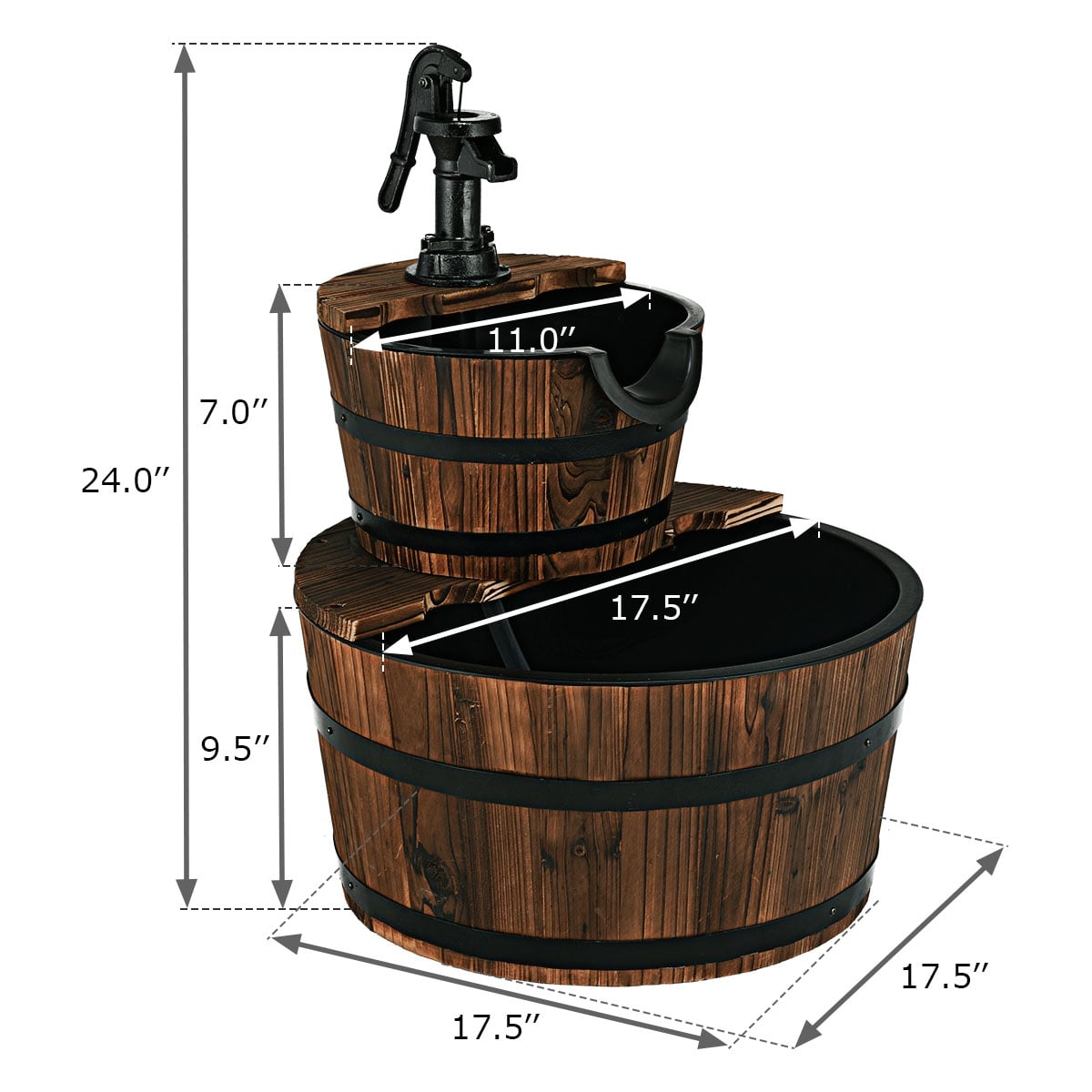 2-Tiers Outdoor Wooden Barrel Waterfall Fountain with Pump-Outdoor Water Fountains-DECOROLALA