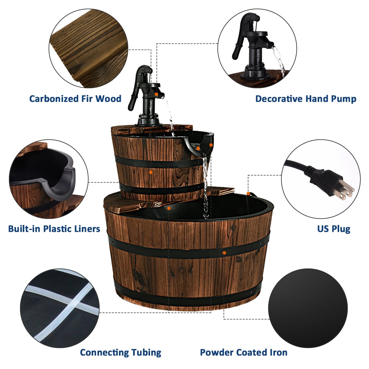 2-Tiers Outdoor Wooden Barrel Waterfall Fountain with Pump-Outdoor Water Fountains-DECOROLALA