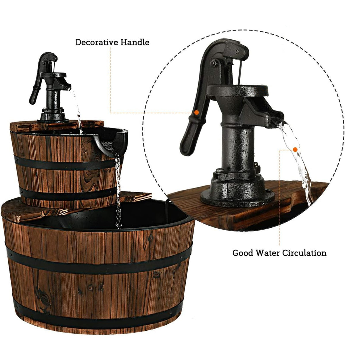 2-Tiers Outdoor Wooden Barrel Waterfall Fountain with Pump-Outdoor Water Fountains-DECOROLALA