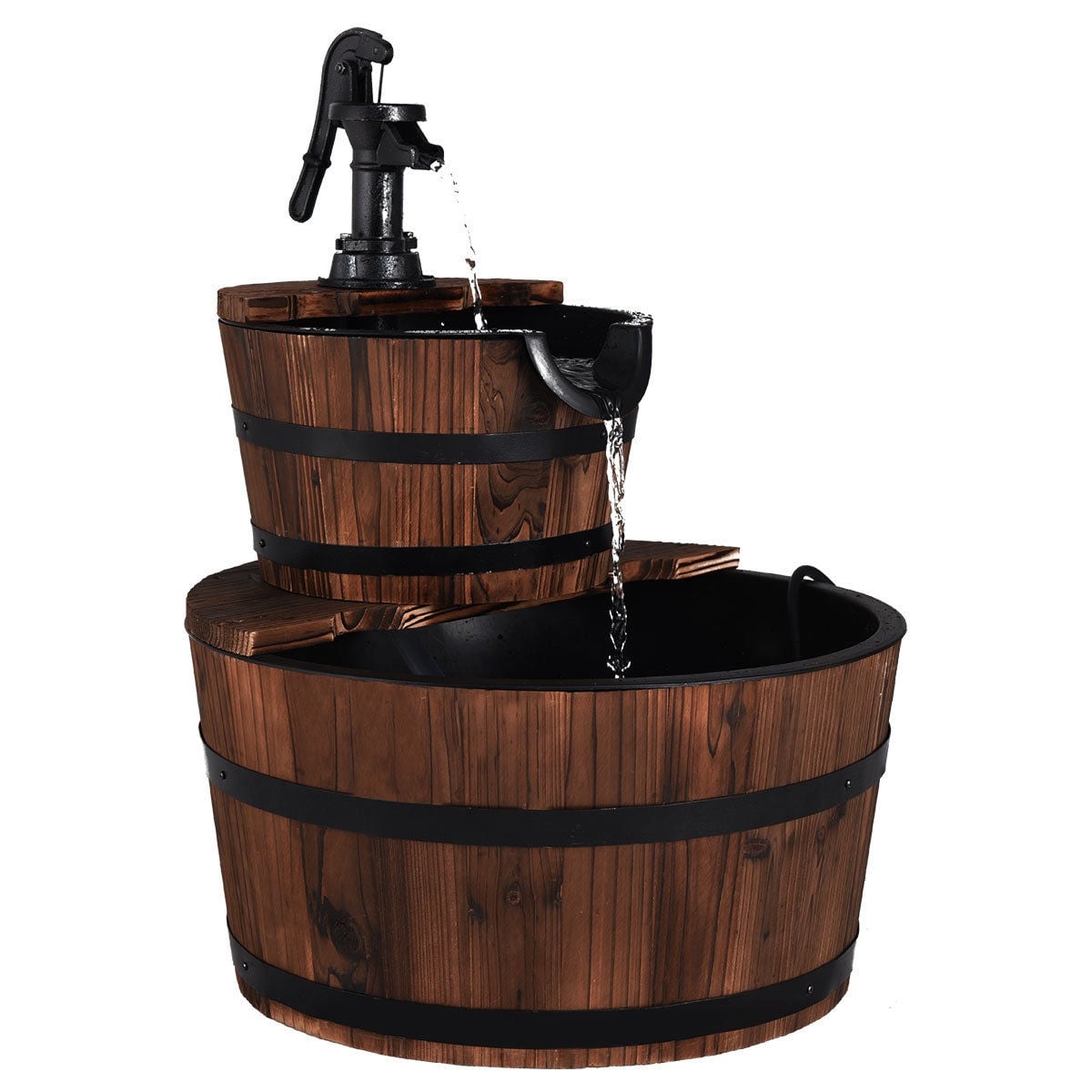 2-Tiers Outdoor Wooden Barrel Waterfall Fountain with Pump-Outdoor Water Fountains-DECOROLALA