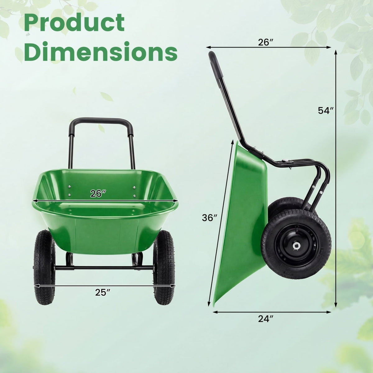 2 Tire Heavy-duty Dolly Utility Cart Wheelbarrow Garden Cart-Light Green-Garden Carts-DECOROLALA