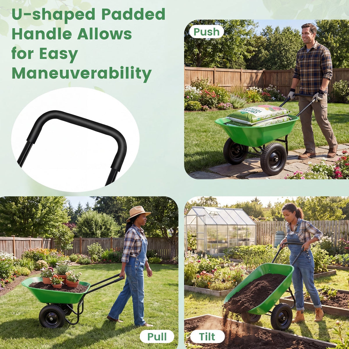 2 Tire Heavy-duty Dolly Utility Cart Wheelbarrow Garden Cart-Light Green-Garden Carts-DECOROLALA