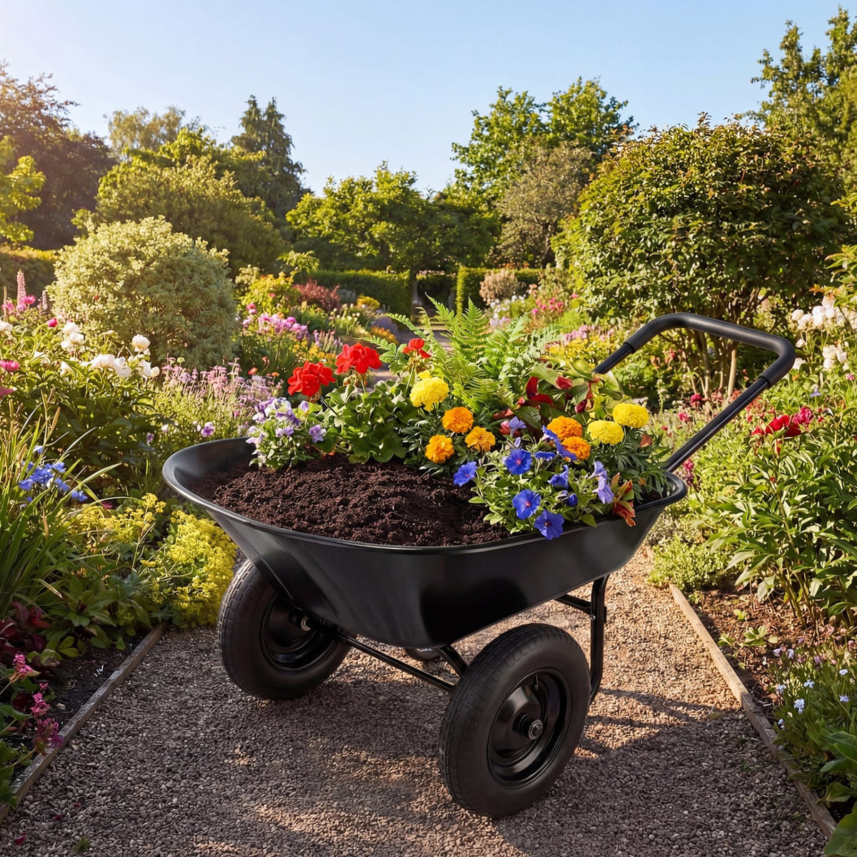 2 Tire Wheelbarrow Garden Cart Heavy-duty Dolly Utility Cart-Black-Garden Carts-DECOROLALA