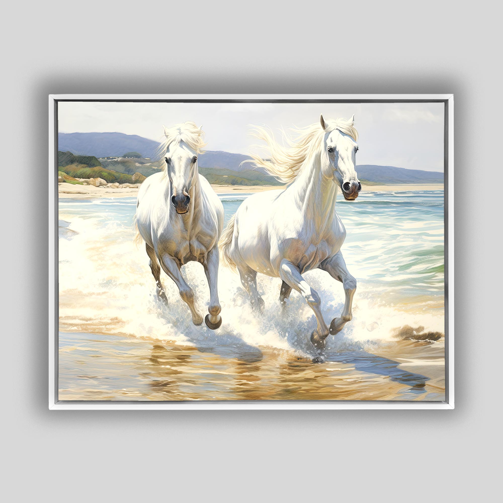 2 White Stallions 48x36 Canvas Art-Canvas Print-DECOROLALA