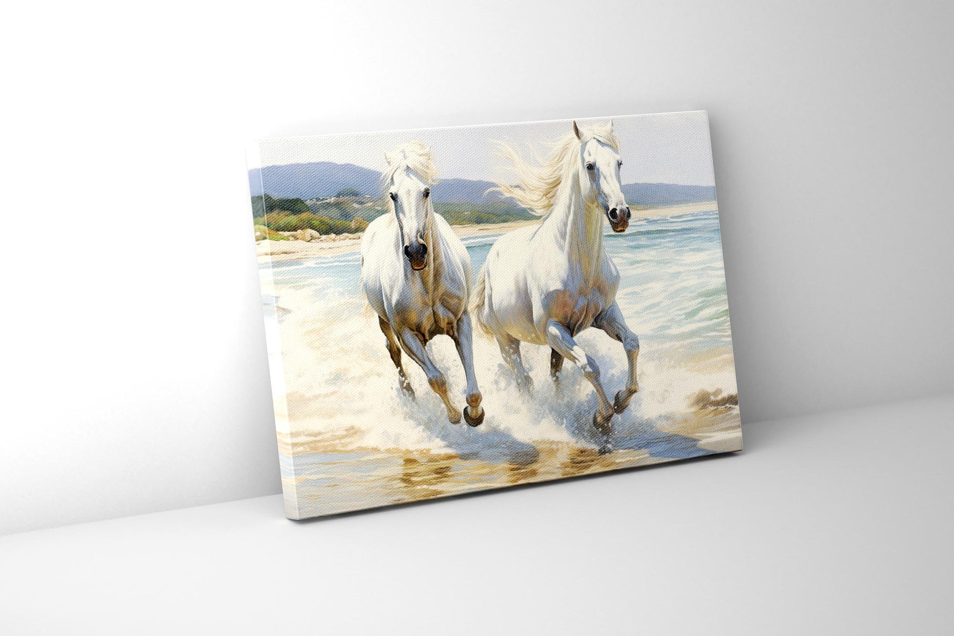 2 White Stallions 48x36 Canvas Art-Canvas Print-DECOROLALA